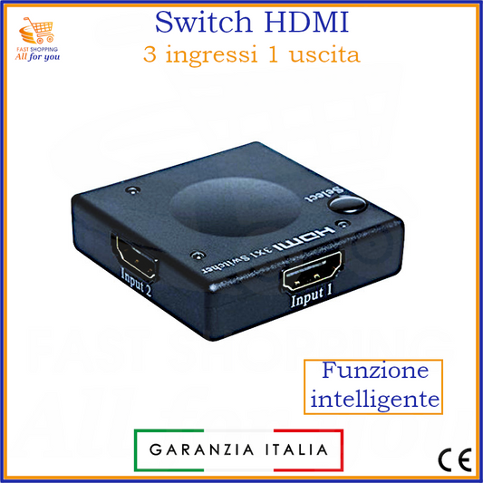 Mini switch HDMI nero con tre ingressi e una uscita, compatibile con 1080p e 3D, mostra pulsante di selezione.