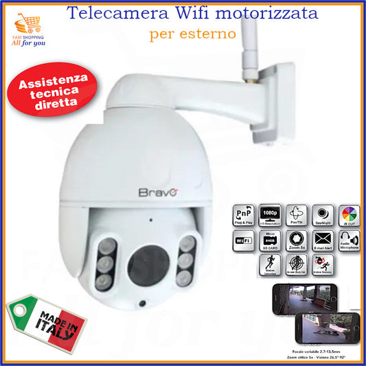 Telecamera WiFi motorizzata da esterno BRAVO Admiral PRO di colore bianco, resistente alle intemperie (IP65), con antenna e logo.