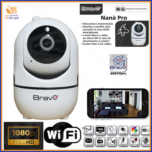 Telecamera WiFi motorizzata da interno BRAVO Nanà PRO di colore bianco, con obiettivo e base rotabile, pronta per la sorveglianza domestica.