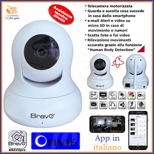 Telecamera WiFi motorizzata da interno BRAVO Ranger PRO di colore bianco, con obiettivo e base rotabile, ideale per la sorveglianza domestica.