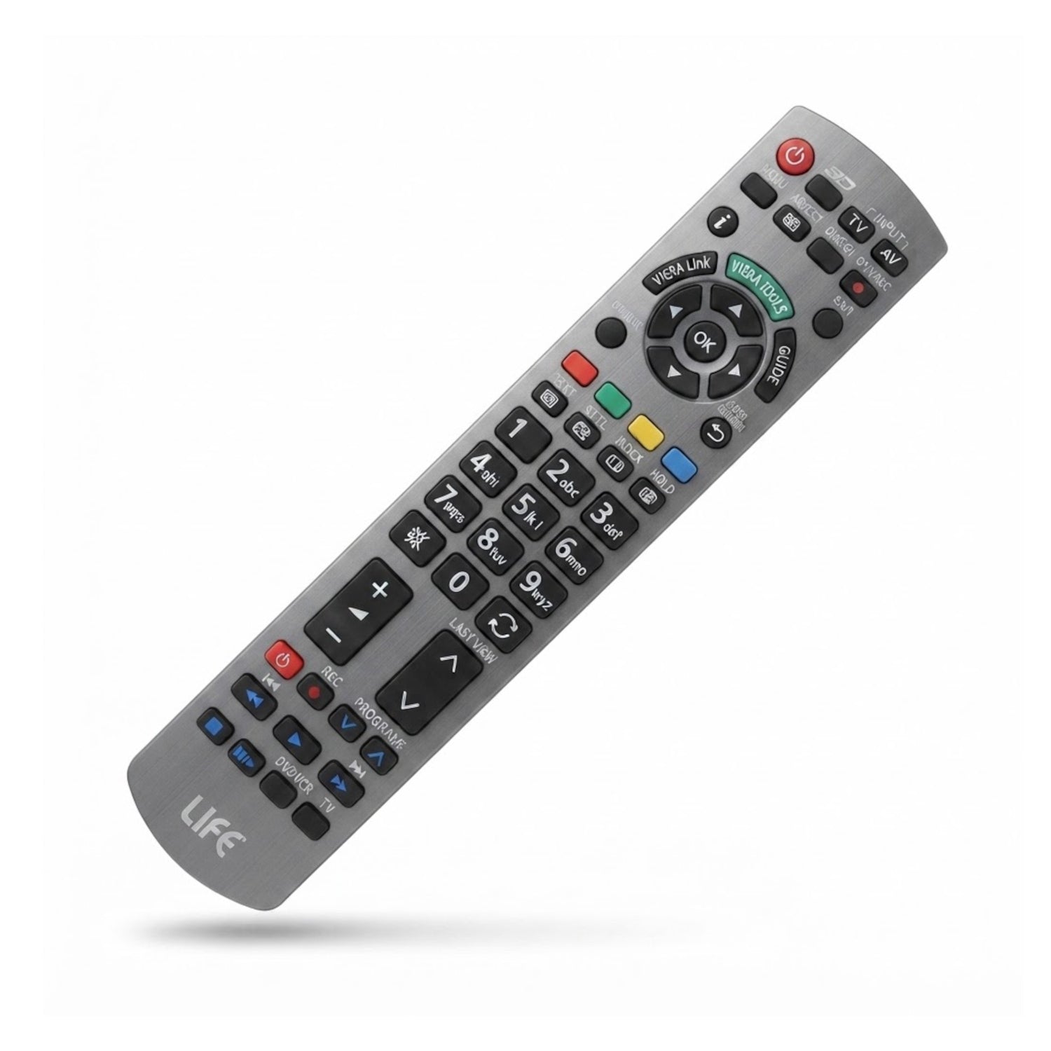 Telecomando sostitutivo preprogrammato grigio compatibile con TV Panasonic LCD, LED e Plasma, pronto all'uso senza configurazione.