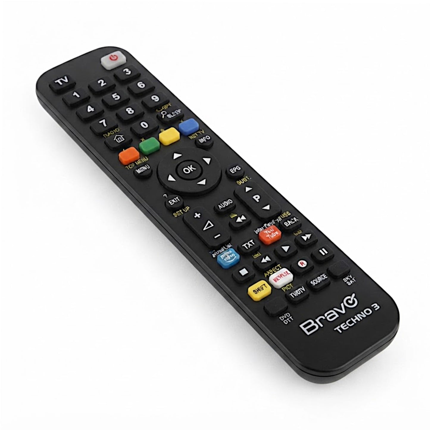 Telecomando programmato Bravo Techno 3 3-in-1 per TV e decoder, con tasti rapidi per Netflix e YouTube, pre-configurato per marchi rari ed economici.