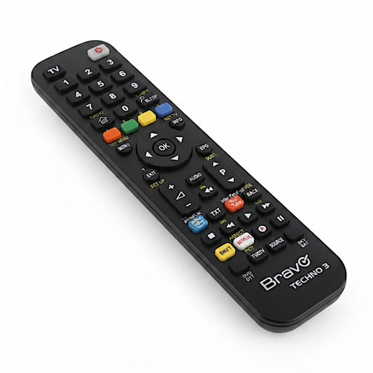 Telecomando programmato Bravo Techno 3 3-in-1 per TV e decoder, con tasti rapidi per Netflix e YouTube, pre-configurato per marchi rari ed economici.