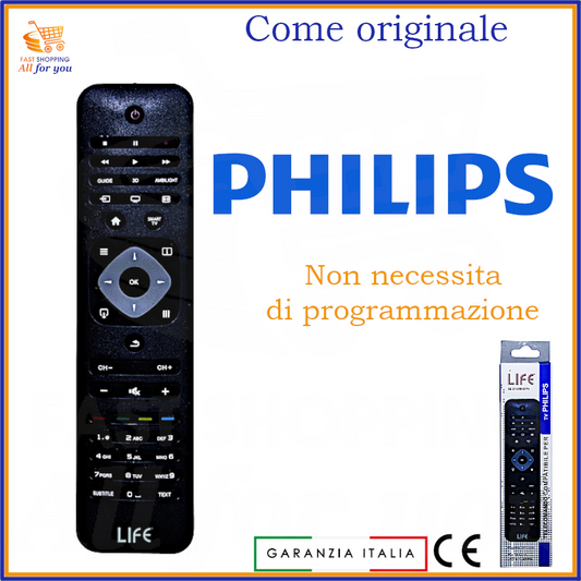 Telecomando sostitutivo nero preprogrammato per TV Philips, compatibile con modelli LCD, LED e Plasma, non necessita di programmazione.
