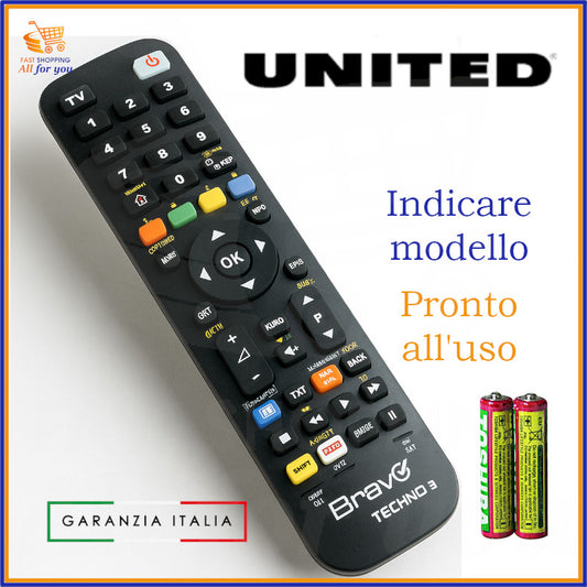 Telecomando Bravo Techno 3 compatibile United: TV, decoder, DVD e VCR, programmato e pronto all’uso