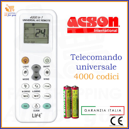 Telecomando universale A/C LIFE 4000 codici con logo Acson in evidenza e batterie AAA incluse.