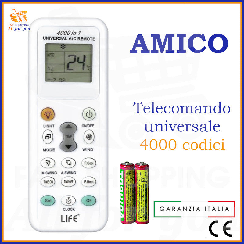 Telecomando universale A/C LIFE 4000 codici con logo Amico in evidenza e batterie AAA incluse.