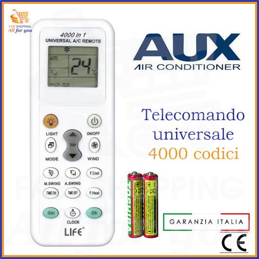 Telecomando universale A/C LIFE 4000 codici con logo Aux in evidenza e batterie AAA incluse.