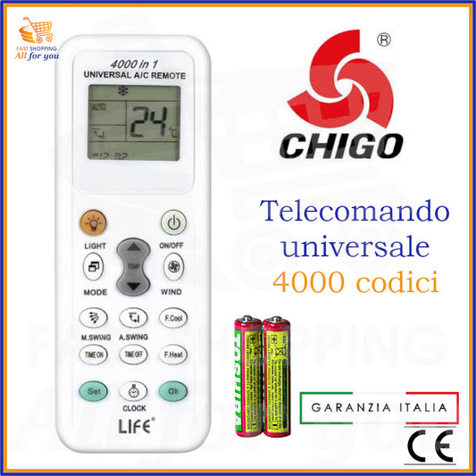 Telecomando universale A/C LIFE 4000 codici con logo Chigo in evidenza e batterie AAA incluse.