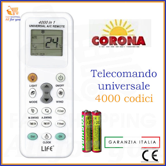 Telecomando universale A/C LIFE 4000 codici con logo Corona in evidenza e batterie AAA incluse.