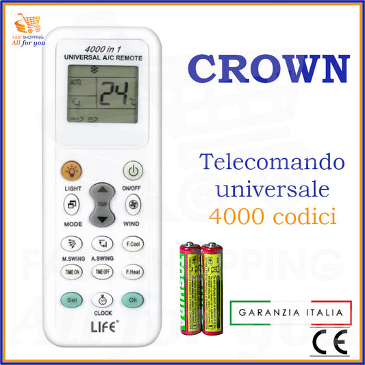 Telecomando universale A/C LIFE 4000 codici con logo Crown in evidenza e batterie AAA incluse.