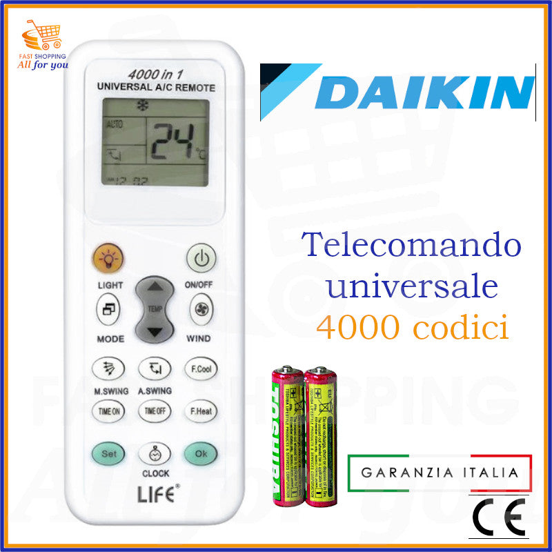 Telecomando universale A/C LIFE 4000 codici con logo Daikin in evidenza e batterie AAA incluse.