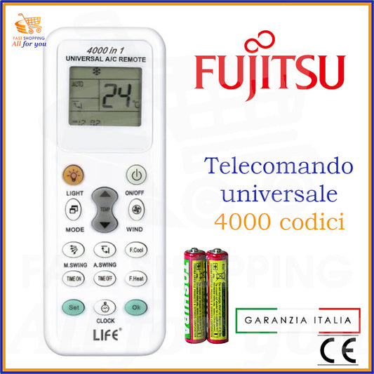 Telecomando universale A/C LIFE 4000 codici con logo Fujitsu in evidenza e batterie AAA incluse.