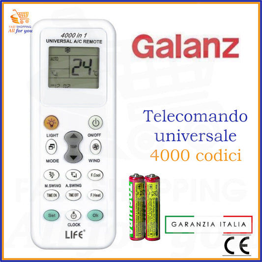 Telecomando universale A/C LIFE 4000 codici con logo Galanz in evidenza e batterie AAA incluse.