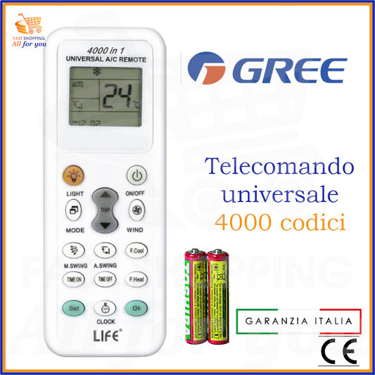 Telecomando universale A/C LIFE 4000 codici con logo Gree in evidenza e batterie AAA incluse.