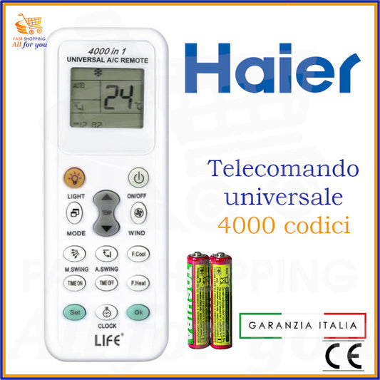 Telecomando universale A/C LIFE 4000 codici con logo Haier in evidenza e batterie AAA incluse.