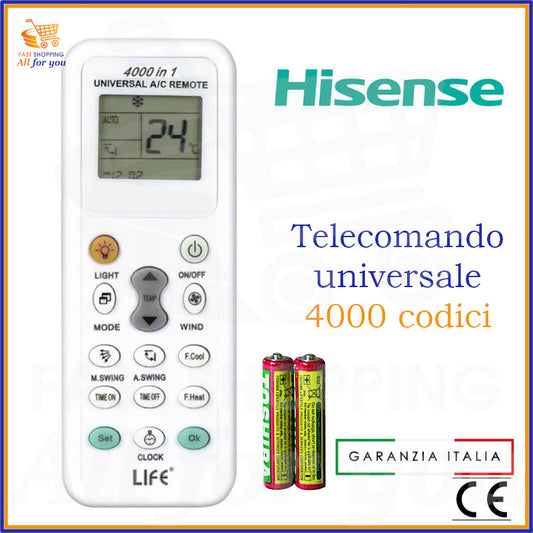 Telecomando universale A/C LIFE 4000 codici con logo Hisense in evidenza e batterie AAA incluse.