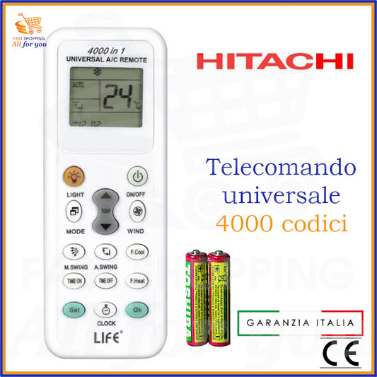 Telecomando universale A/C LIFE 4000 codici con logo Hitachi in evidenza e batterie AAA incluse.