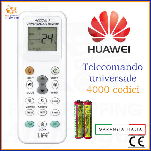 Telecomando universale A/C LIFE 4000 codici con logo Huawei in evidenza e batterie AAA incluse.