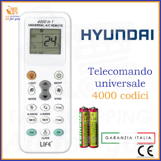 Telecomando universale A/C LIFE 4000 codici con logo Hyundai in evidenza e batterie AAA incluse.
