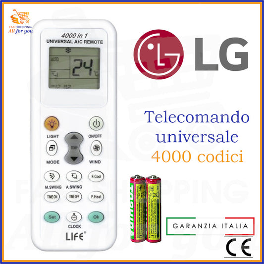 Telecomando universale A/C LIFE 4000 codici con logo LG in evidenza e batterie AAA incluse.