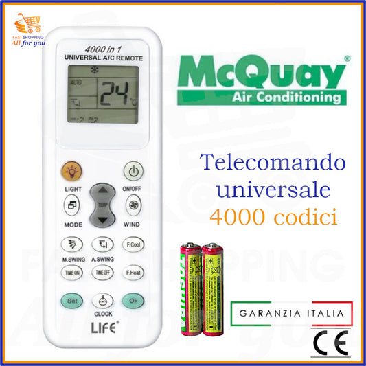 Telecomando universale A/C LIFE 4000 codici con logo McQuay in evidenza e batterie AAA incluse.