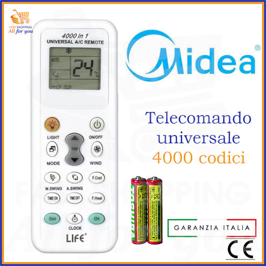 Telecomando universale A/C LIFE 4000 codici con logo Midea in evidenza e batterie AAA incluse.