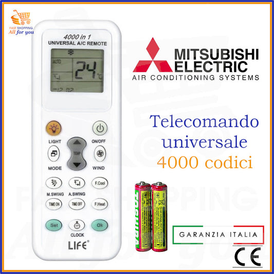Telecomando universale A/C LIFE 4000 codici con logo Mitsubishi Electric in evidenza e batterie AAA incluse.
