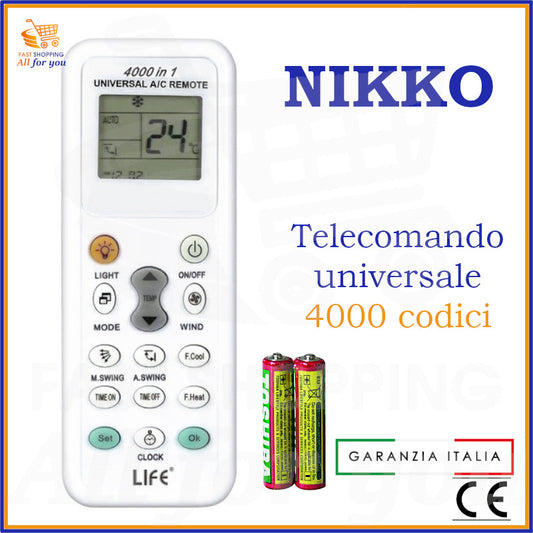 Telecomando universale A/C LIFE 4000 codici con logo Nikko in evidenza e batterie AAA incluse.
