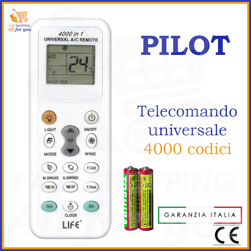 Telecomando universale A/C LIFE 4000 codici con logo Pilot in evidenza e batterie AAA incluse.