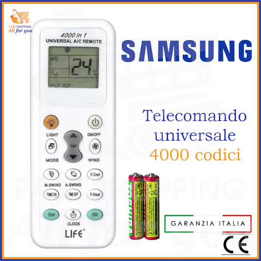 Telecomando universale A/C LIFE 4000 codici con logo Samsung in evidenza e batterie AAA incluse.