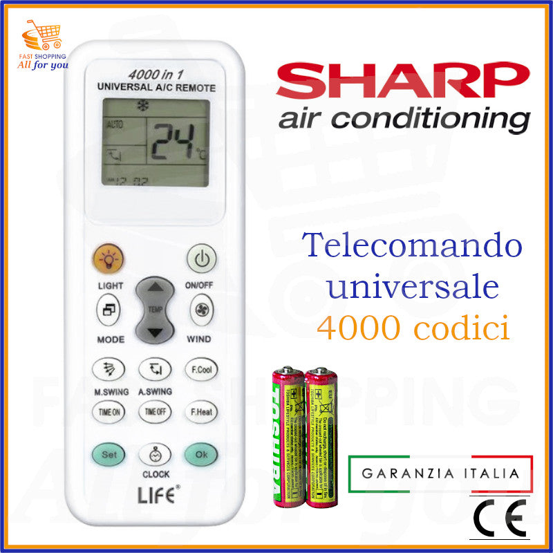 elecomando universale A/C LIFE 4000 codici con logo Sharp in evidenza e batterie AAA incluse.