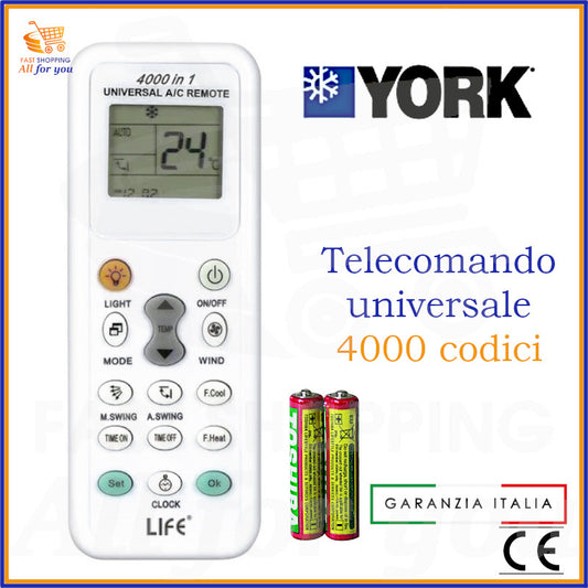Telecomando universale A/C LIFE, frontale, con logo York in evidenza, mostra pile AAA incluse.