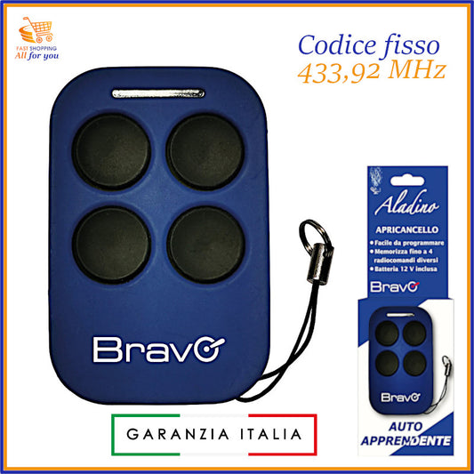 Telecomando universale Aladino a 4 tasti di colore blu, con frequenza 433 MHz, autoapprendente per cancelli, garage e allarmi. Con portachiavi.