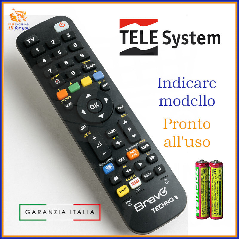 Telecomando universale Bravo Techno 3 compatibile con decoder Tele System, pronto all'uso