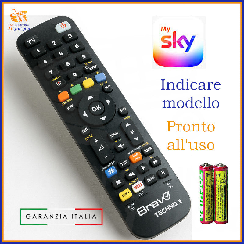 Telecomando universale Bravo Techno 3 di colore nero con logo My Sky e batterie AAA incluse, pronto all'uso.