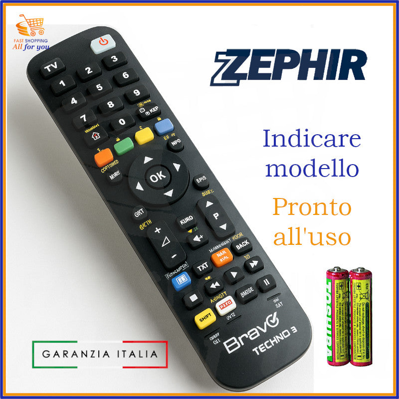 Telecomando universale Bravo Techno 3 di colore nero con logo Zephir e batterie AAA incluse, pronto all'uso per TV Zephir.