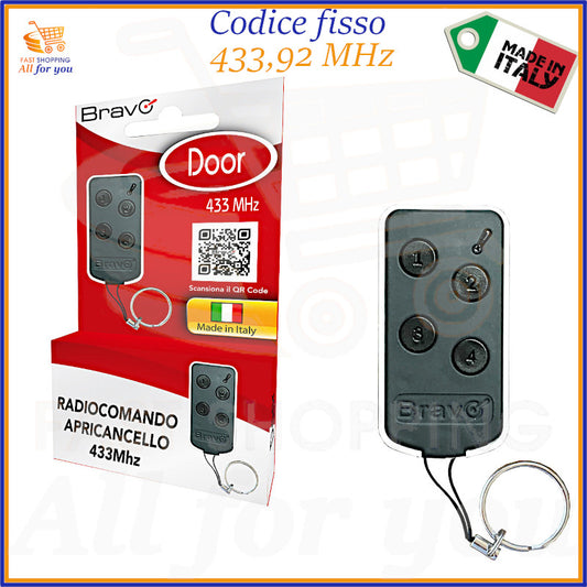 Telecomando universale DOOR nero a 4 tasti, con frequenza 433 MHz e funzione autoapprendimento, ideale per cancelli automatici, garage e allarmi. Con portachiavi.