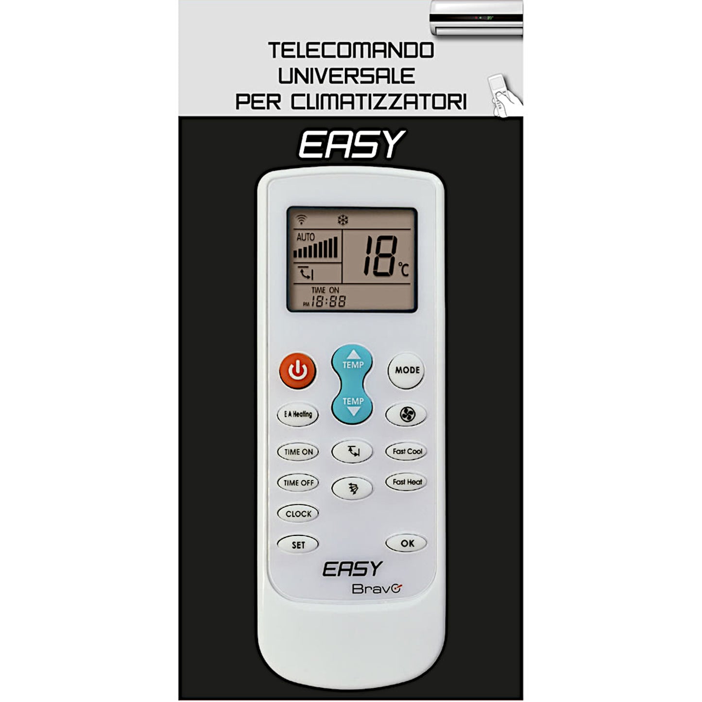 Telecomando universale Bravo Easy per climatizzatori, colore bianco, con display LCD retroilluminato, tasti specifici per Fast Cool, Fast Heat e controllo timer.