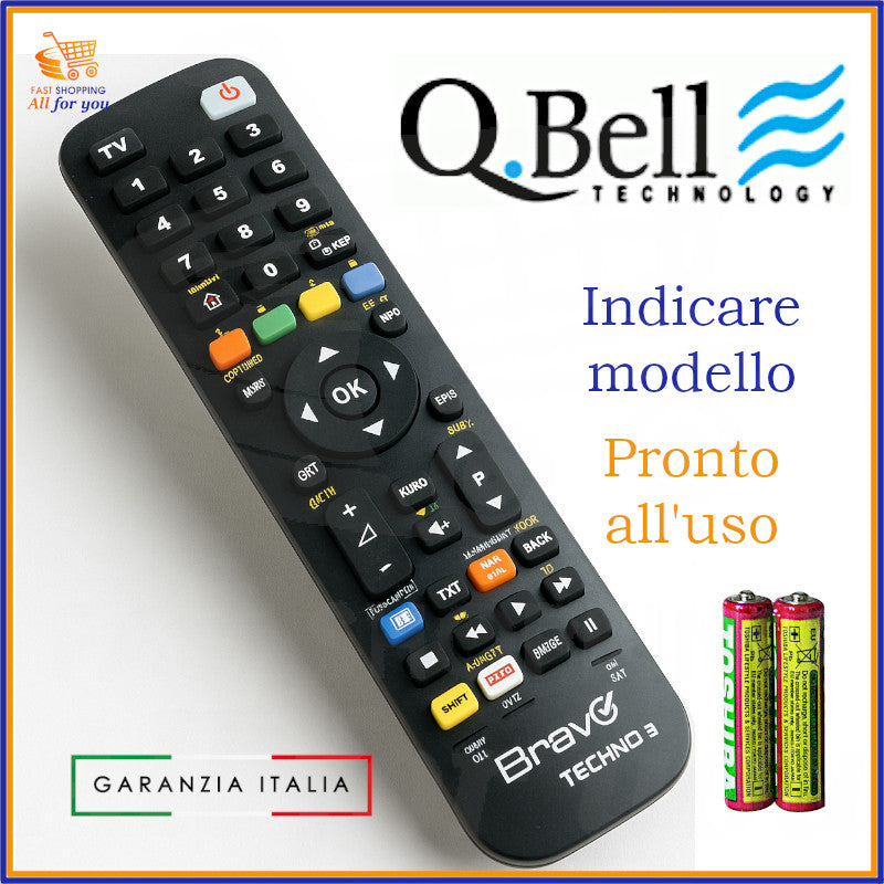 Telecomando universale Bravo Techno 3 compatibile con TV Q.Bell, già pronto all’uso e con batterie incluse
