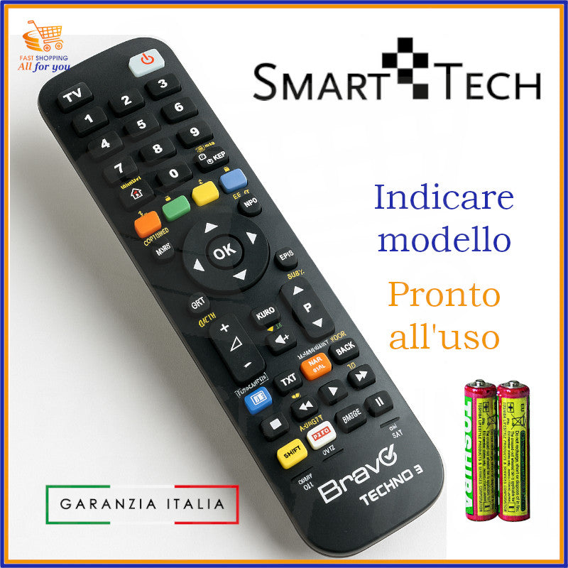 Telecomando universale Bravo Techno 3 compatibile con TV Smart Tech, già pronto all’uso con batterie incluse