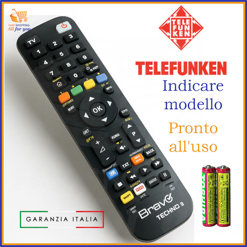 Telecomando universale Bravo Techno 3 compatibile con TV Telefunken, pronto all’uso con batterie incluse