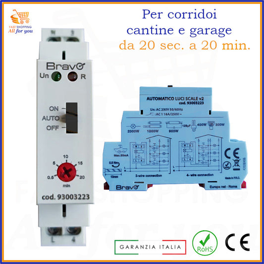 Temporizzatore digitale Bravo per luci scale e corridoi con montaggio DIN, regolabile da 20 secondi a 20 minuti, con schemi di collegamento e certificazioni.