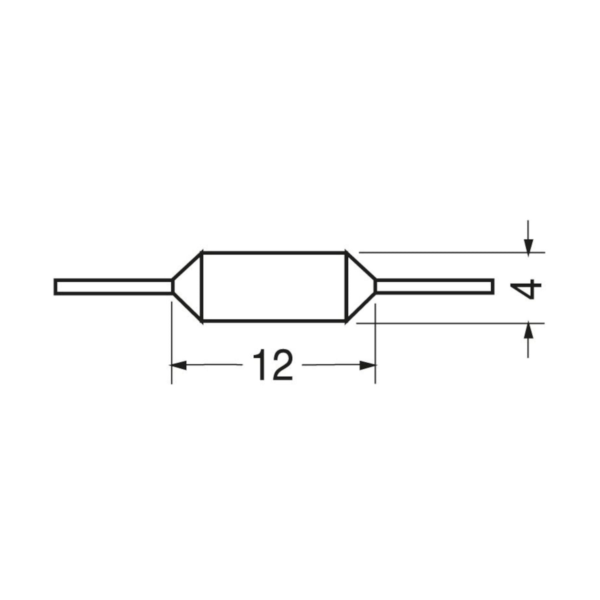 Schema tecnico quotato con dimensioni diametro 4 e lunghezza 12 mm per termofusibile assiale 144 gradi
