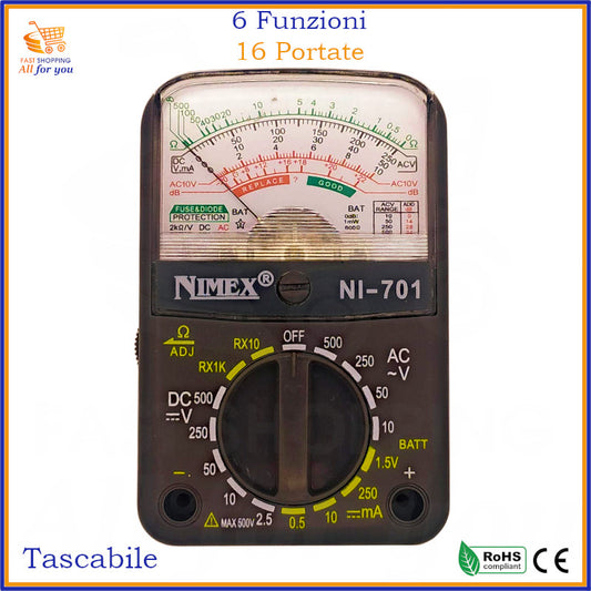 Tester multimetro analogico tascabile NI701 di colore nero con puntali, ideale per misurazioni elettriche di base.