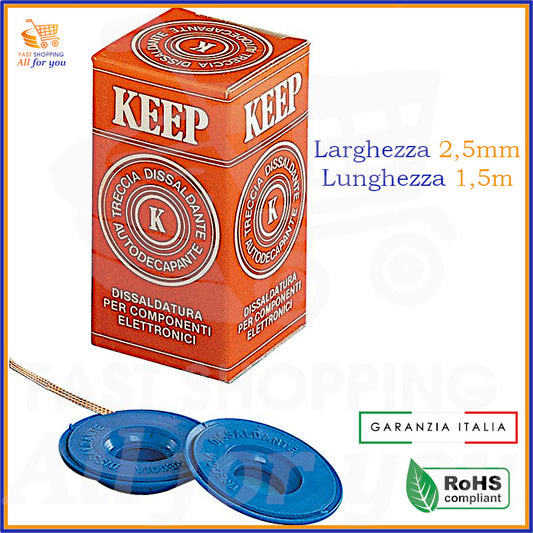 Scatola arancione della treccia dissaldante in rame autodecapante Keep da 2,5mm di larghezza e 1.5m di lunghezza. Due rocchetti blu della treccia sono in primo piano. Include la certificazione RoHS compliant e il logo Garanzia Italia.