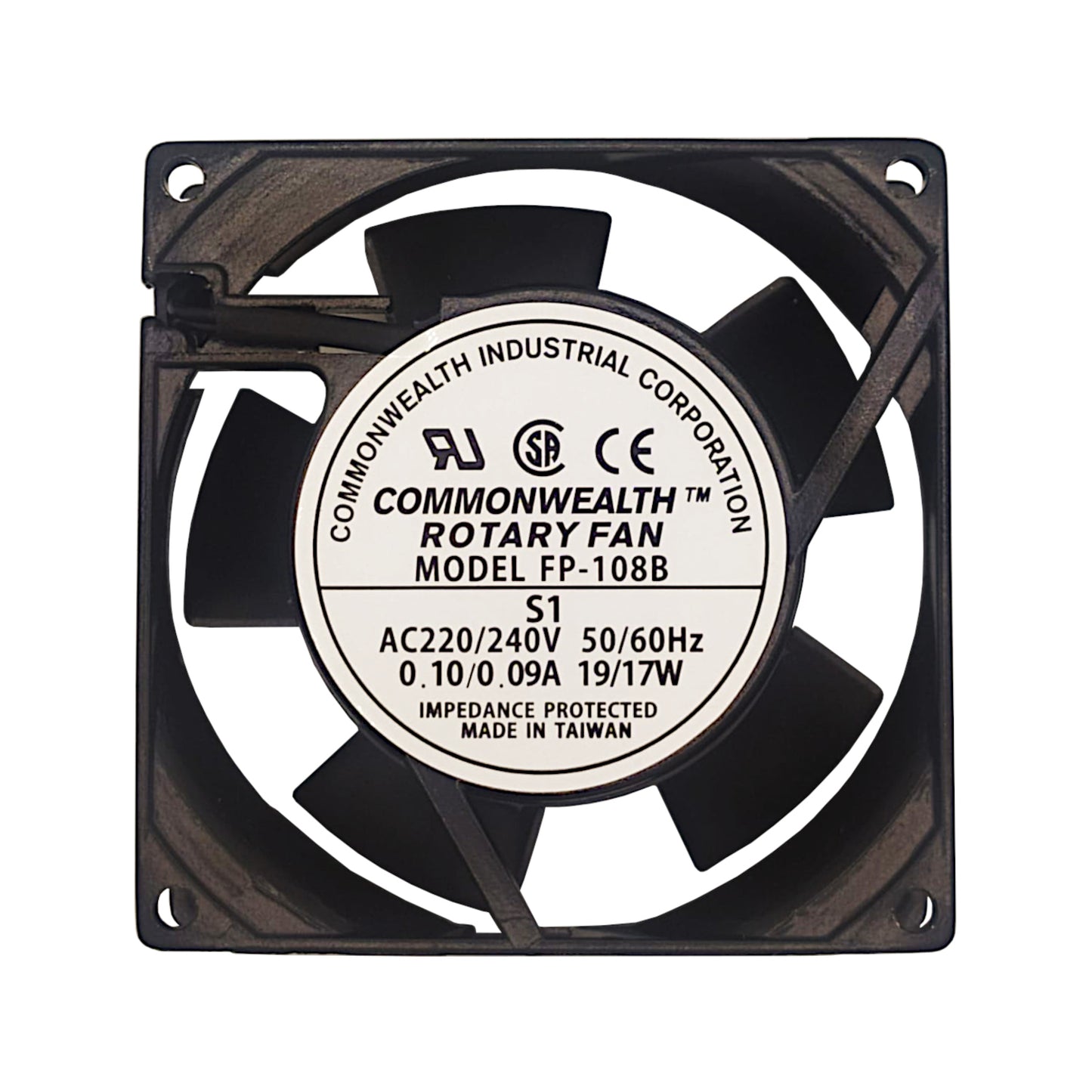 Ventilatore assiale di raffreddamento 92x92x25.4 mm a 220/240V AC su bronzine con telaio in ferro e attacchi faston a 2 pin, ideale per quadri elettrici e armadietti rack.