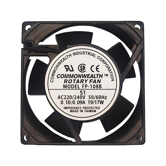 Ventilatore assiale di raffreddamento 92x92x25.4 mm a 220/240V AC su bronzine con telaio in ferro e attacchi faston a 2 pin, ideale per quadri elettrici e armadietti rack.