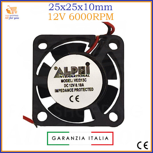 Ventola ultra-compatta da 25x25x10mm con alimentazione a 12V, ideale per il raffreddamento di schede PC, Raspberry Pi e stampanti 3D.