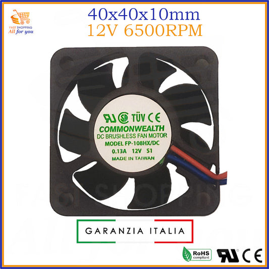 Ventola di raffreddamento assiale da 40x40x10mm, alimentata a 12V con 6500RPM, ideale per mini-PC e schede elettroniche.